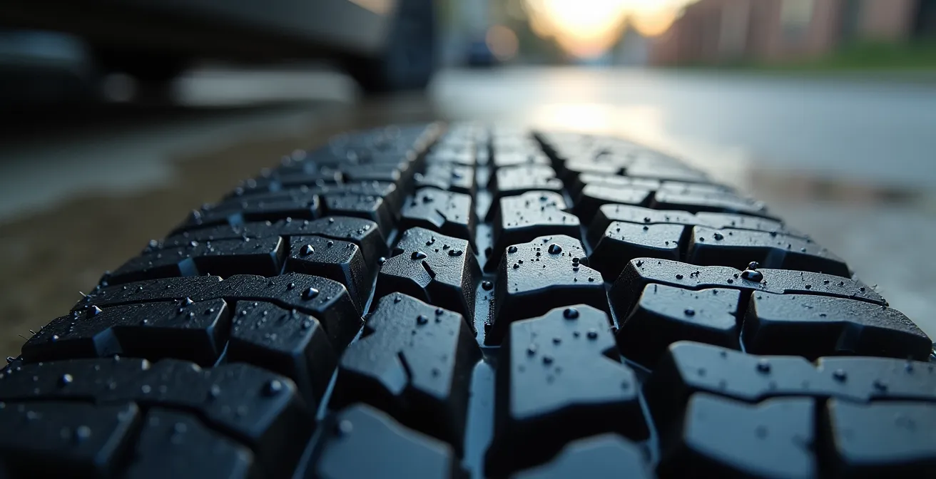 Gros plan sur la texture d'un pneu de voiture avec profondeur de sculpture visible