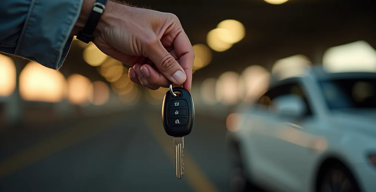 Main d'une personne âgée tenant des clés de voiture dans un parking sécurisé