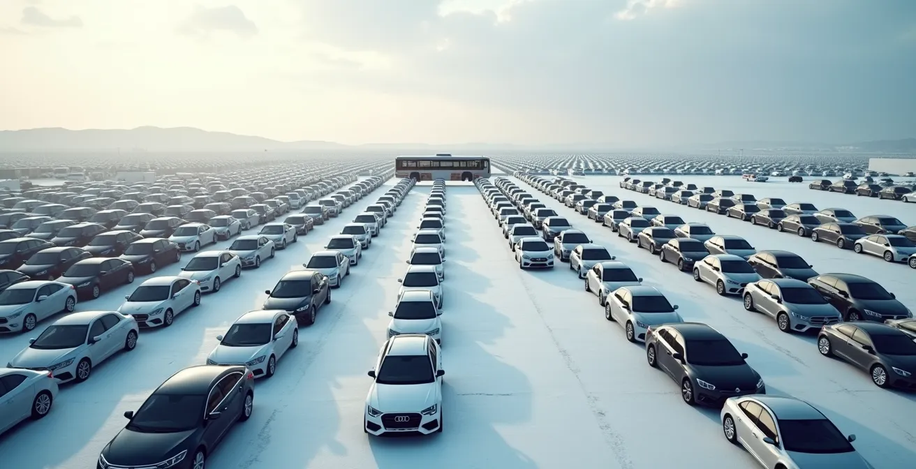 Vue aérienne d'un parking structuré avec lignes géométriques et navettes en mouvement