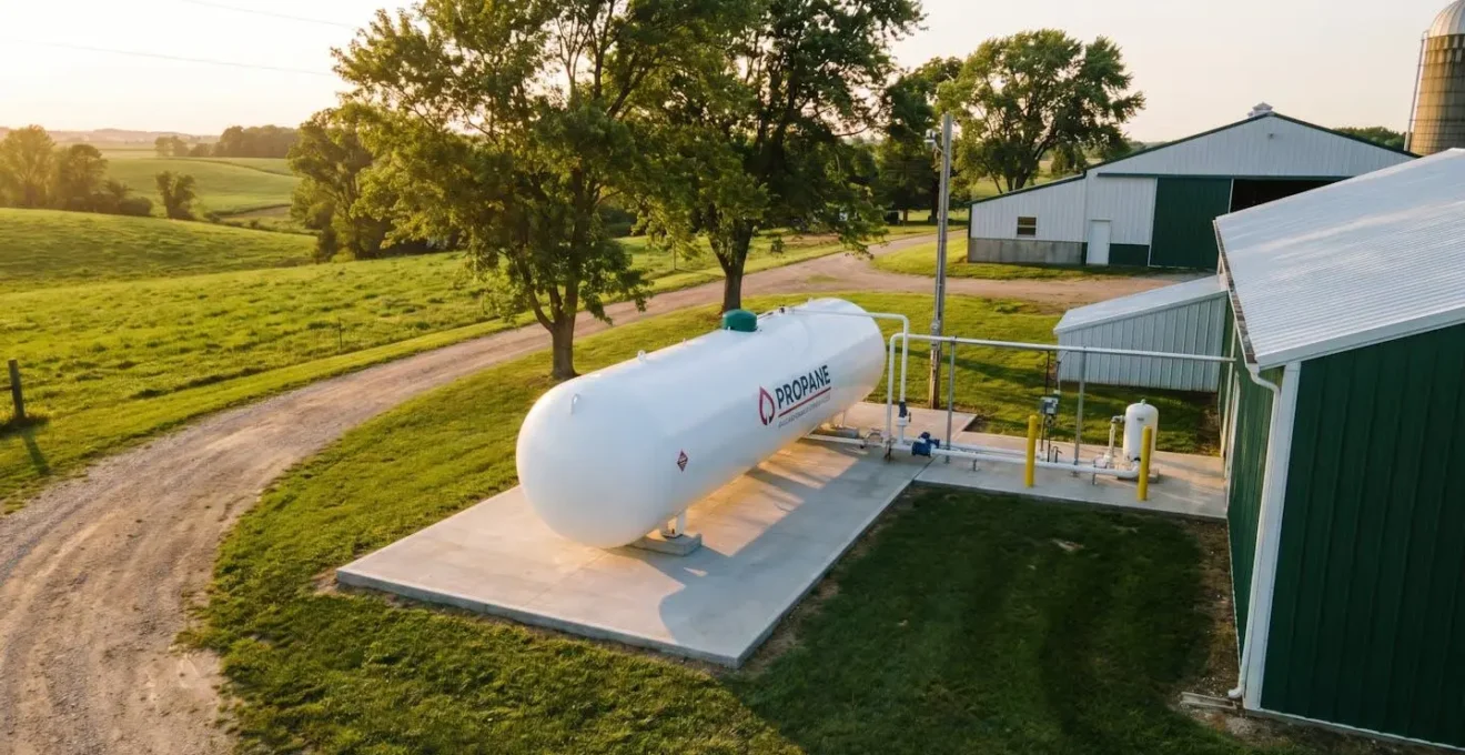 Citerne de gaz propane installée dans un environnement agricole professionnel avec végétation environnante