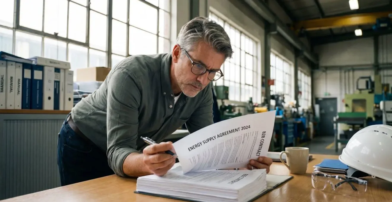 Responsable achats énergie B2B consultant un contrat de gaz propane dans un bureau industriel