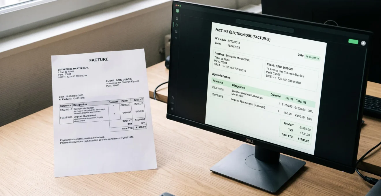 Comparaison visuelle sur bureau professionnel : facture papier imprimée classique à gauche, écran d'ordinateur affichant la même facture au format électronique structuré Factur-X avec champs de données visibles à droite