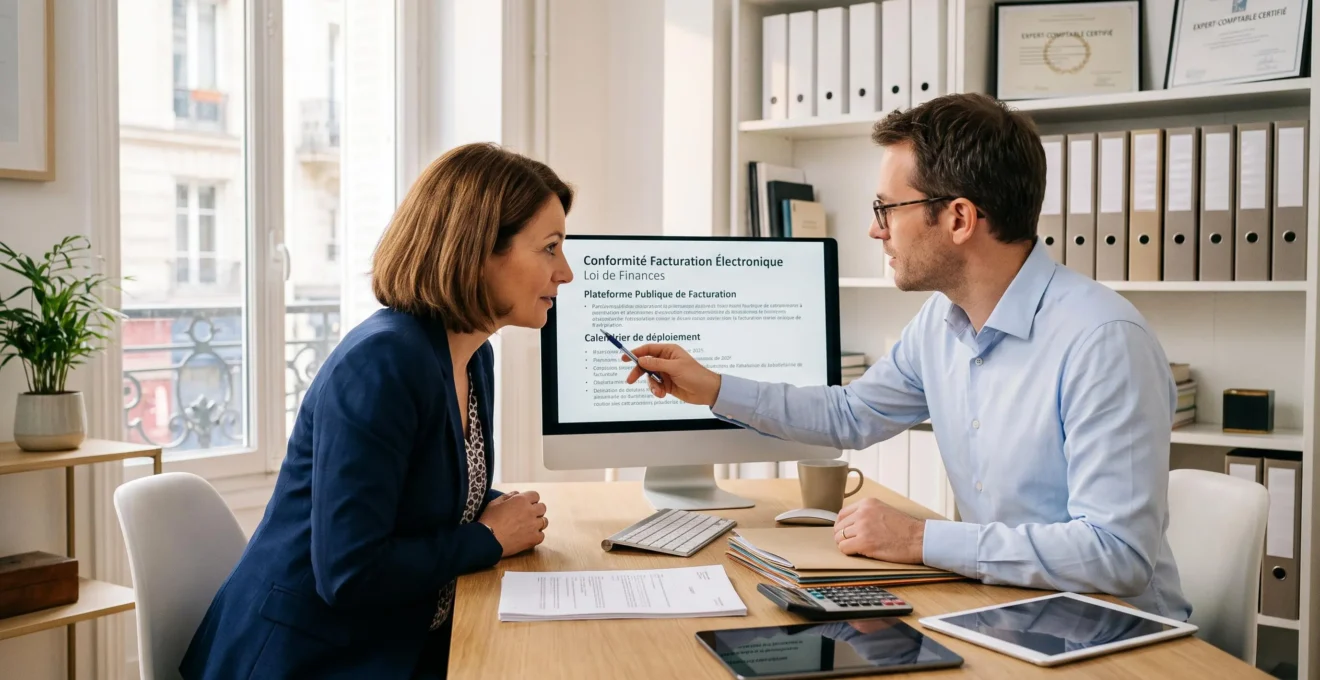 Expert-comptable et dirigeante de PME lors d'une séance de travail dans un cabinet comptable français, examinant ensemble des documents de conformité à la réforme de facturation électronique sur écran et papier