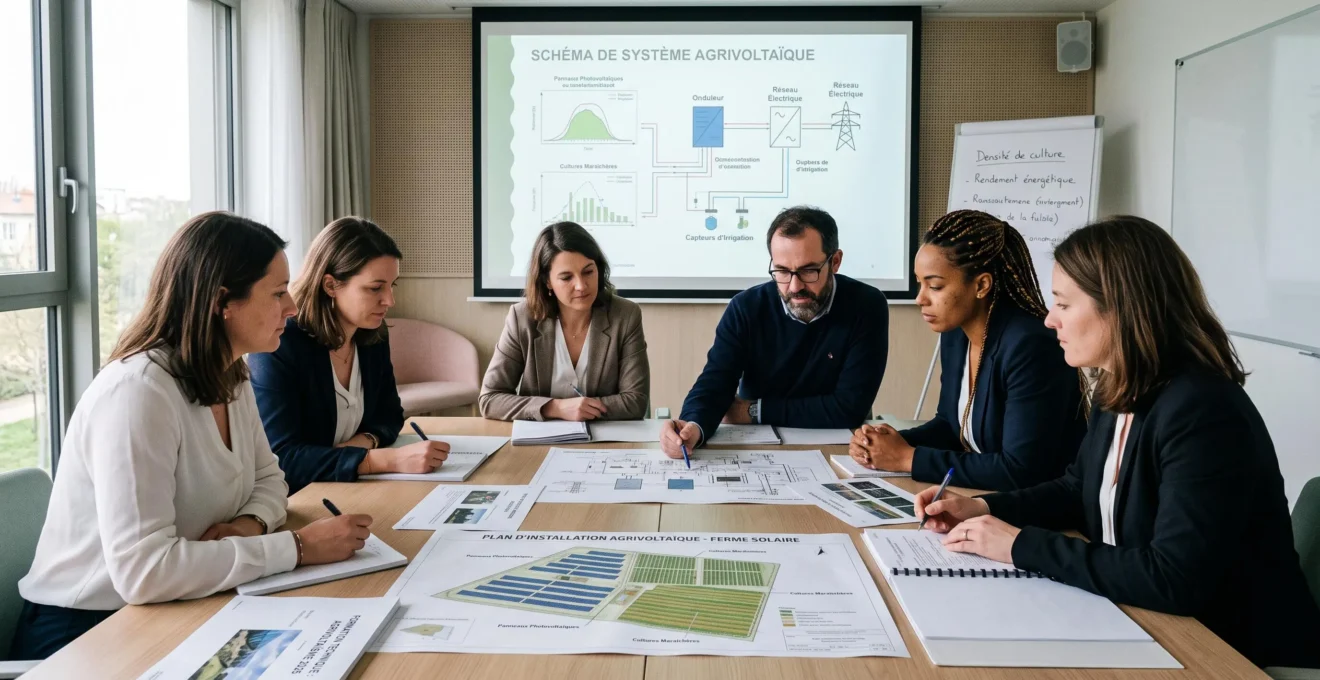 Groupe de professionnels en formation autour d'une table consultant des documents techniques sur l'agrivoltaïsme dans une salle de séminaire contemporaine