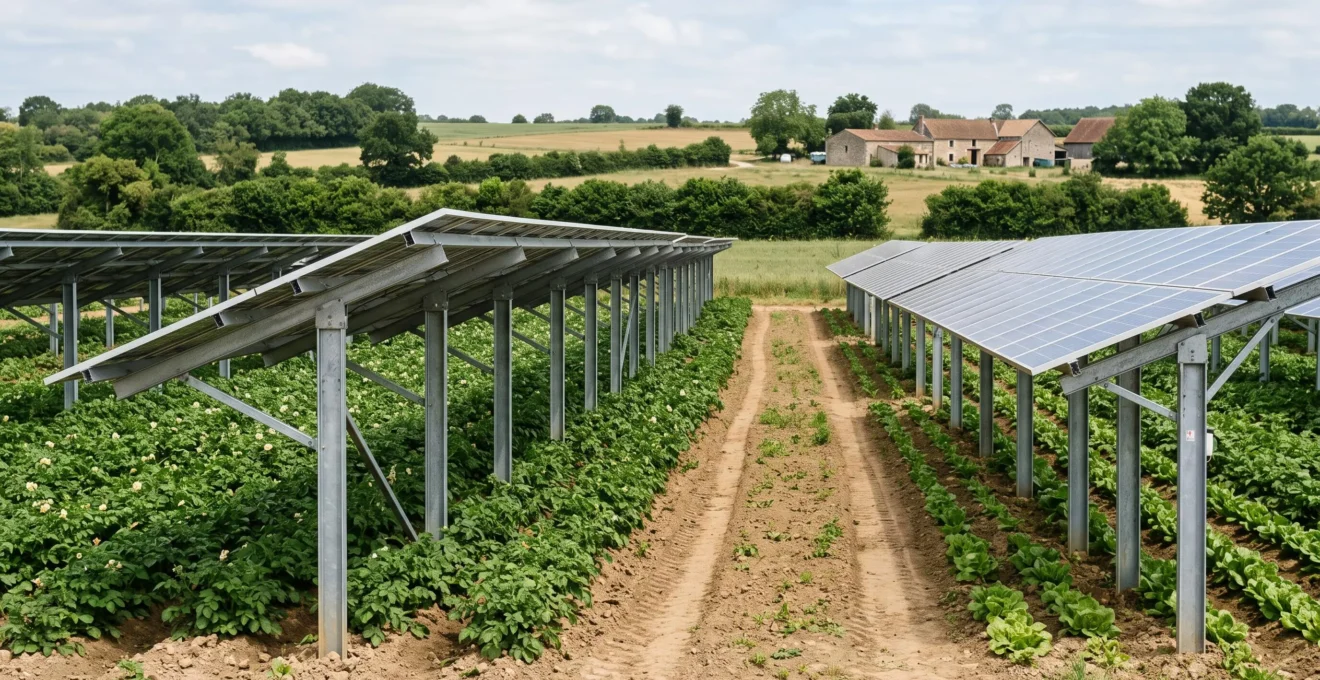 Parcelle agricole française équipée de panneaux photovoltaïques surélevés permettant la culture simultanée en dessous, installation agrivoltaïque en contexte rural