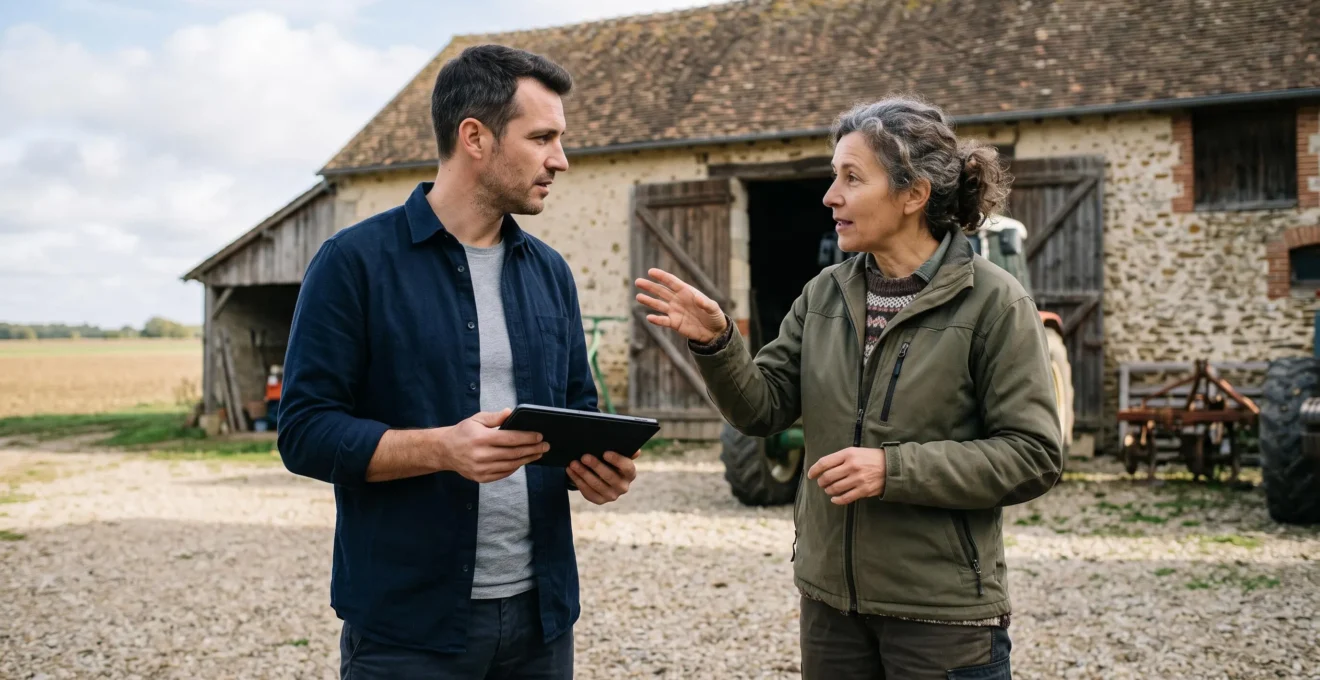 Porteur de projet en discussion avec une agricultrice dans une cour d'exploitation, échange professionnel sur un projet agrivoltaïque en contexte rural français