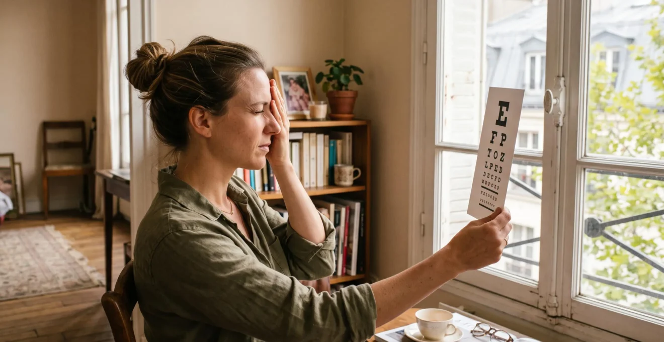 Une femme cache un œil pour tester sa vision avec une carte de lecture chez elle.