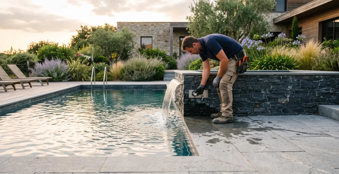 Un paysagiste ajuste une fontaine moderne au bord d'une piscine contemporaine.