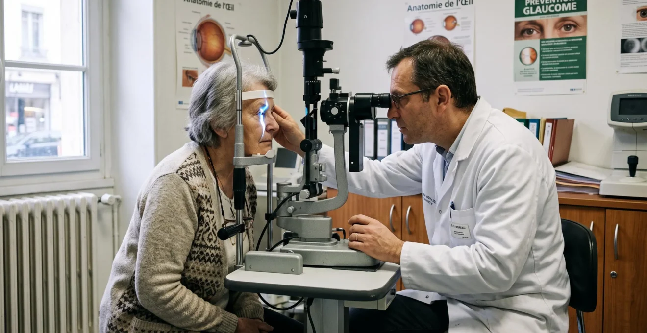 Un ophtalmologiste examine les yeux d'un patient à la lampe fente dans un cabinet.