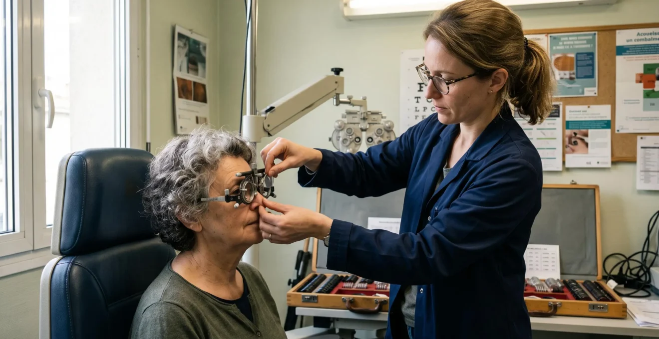 Une orthoptiste ajuste une monture d'essai sur le visage d'un patient en consultation.